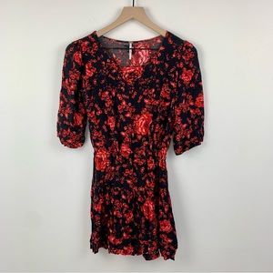 Free People Red Floral Black Tunic Half Sleeve Mini Dress, S